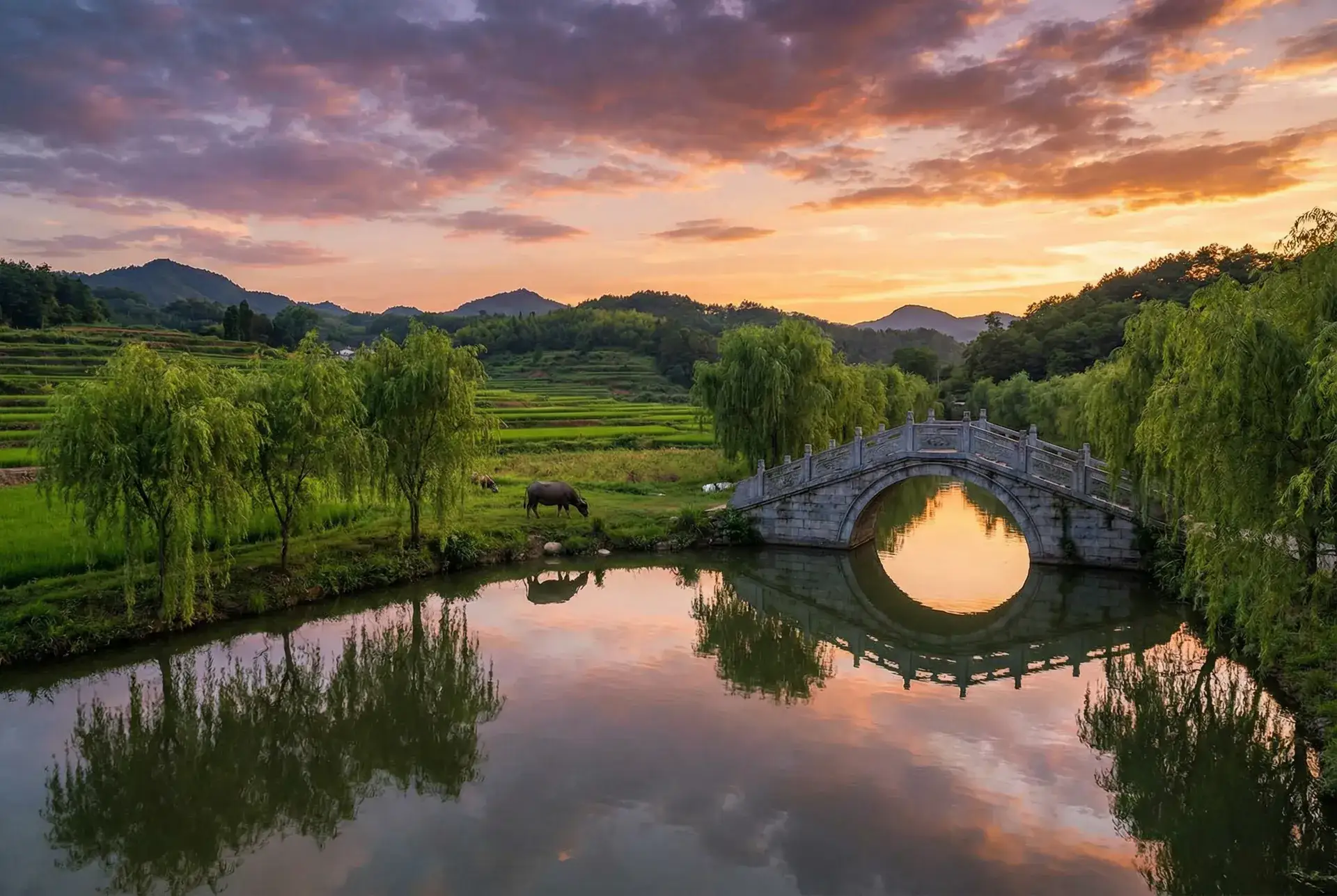 夕阳下的石拱桥与垂柳，水牛在河边吃草 - 媚肉生香 乡村美景